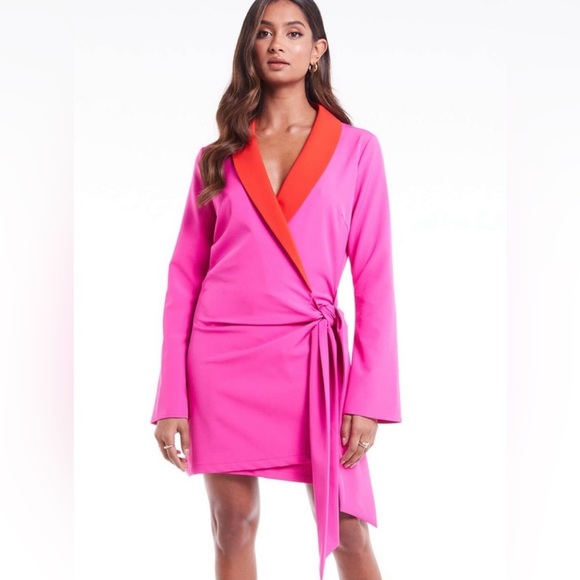 Never Fully Dressed pink red blazer dress wrap low cut s barbiecore - Picture 1 of 5